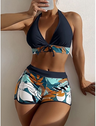  Bañadores de mujer bikini de 2 piezas bañador de shorts sin espalda delgada vacaciones ropa de playa floral cuello halter sin mangas