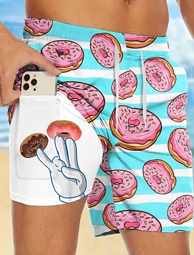  Herren Neuheit Donuts Gefütterte Shorts 2 in 1 Badeshorts Badeshorts Mittlere Taille Hawaiianisch Urlaub Ferien Strandbekleidung Seitentaschen Mit Kompressionsfutter Elastischer Kordelzug in der