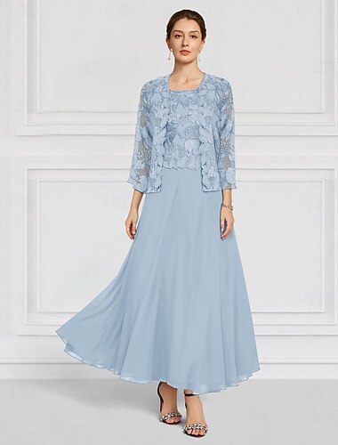  Zweiteilig Kleid-Sets Brautmutterkleid Hochzeitsgast Kirche Elegant Rundhalsausschnitt Knöchellänge Chiffon Langarm mit Spitze Stickerei 2025