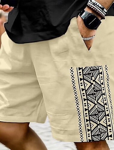  Herren Shorts Leinenshorts Sommershorts Strandshorts Kordelzug Elastischer Bund Druck Geometrisch Komfort Atmungsaktiv Knielang Outdoor Lässig Täglich Urlaub Hawaiianisch Weiß Grün Mikroelastisch