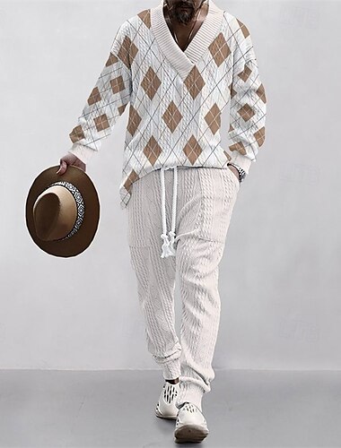  男性用 Tシャツスーツ パンツセット 2 ピースの衣装 フルボディー Ｖネック 春 & 秋 幾何学模様 ファッション カジュアル 2個 バケーション デイリーウェア お出かけ ブラック ホワイト メンズトップTシャツ