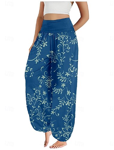  Women's Linen-Inspired Pants Wide Leg Pants Trousers Ethnic Style Casual Boho Full Length High Waist Floral Pocket Elastic Waist Printing Breathability Soft Micro-elastic Outdoor Yoga Black Pink Navy