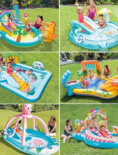  Centre de jeux gonflable pour dinosaures, maison de jeux extérieure, parc aquatique gonflable avec toboggan pour enfants, pulvérisateur d'eau, cascade et 6 balles, multicolore