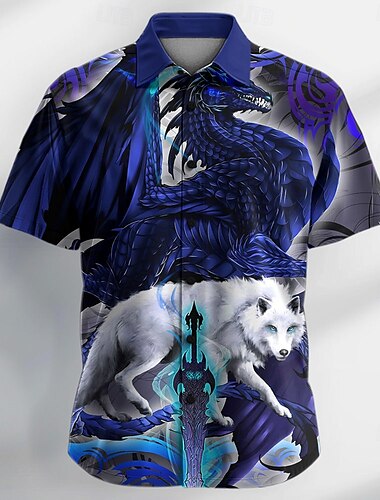 Chemise boutonnée à manches courtes pour homme, motif animal, loup et dragon, édition limitée, Dragonblade Alphablade High Rez de Ruth Thompson