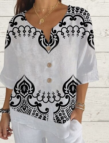  Mujer Camisa Tops de verano Graphic Geométrico Clásico Casual Manga 3/4 Escote en Pico Tops regulares Diario Fin de semana Estampado Blanco / Negro Verano Primavera Otoño