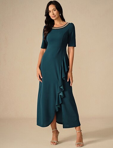  Damen Maxikleid Rüschenkleid Elegant Normale Passform Einfarbig Kurzarm Rundhalsausschnitt Tintenblau Sommer Frühling Herbst