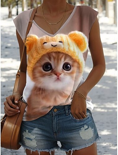  Damen Hemd Bluse Blatt Katze Stilvoll Lässig Ärmellos Träger Normale Oberteile Täglich Druck Gelb Leicht Braun Blau Grün Sommer Frühling