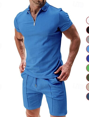  Herr T-shirtkostymer 2 delar outfits T-shirt och shorts Kortärmad Tröjkrage Sommar Slät Mode Ledigt 2 st Semester Dagliga kläder Utekväll Svart Vit Ljusgrå Topp t-shirt för män