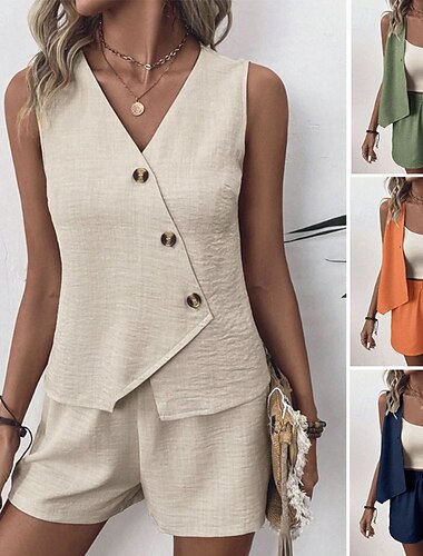  Per donna Streetwear Quotidiano Blusa Set di Pantaloncini Senza Maniche Scollo a V Tinta unica Dubbele Rij Knopen All'aperto Vacanza Verde chiaro Blu marino scuro Arancione Estate Vestibilità regolare