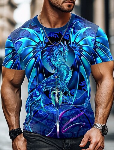  T-shirt à manches courtes et col ras du cou pour homme, imprimé dragon 3D, style streetwear, décontracté, bleu, été, printemps, toutes saisons