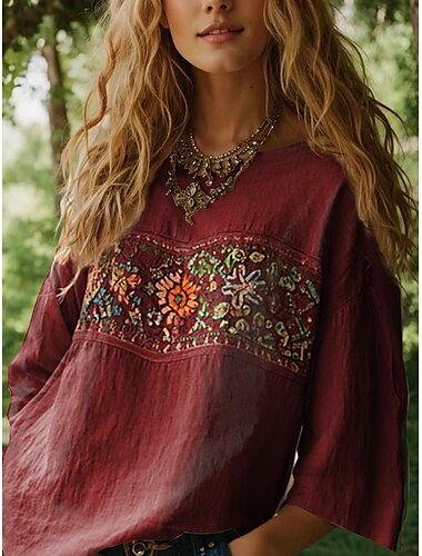  Women's Blouse Floral Graphic Bohemia Daily Ethnic 3/4 Length Sleeve Crew Neck Boat Neck Regular Tops Daily Holiday Vacation Wear Print Black Red Orange Beige Summer Spring