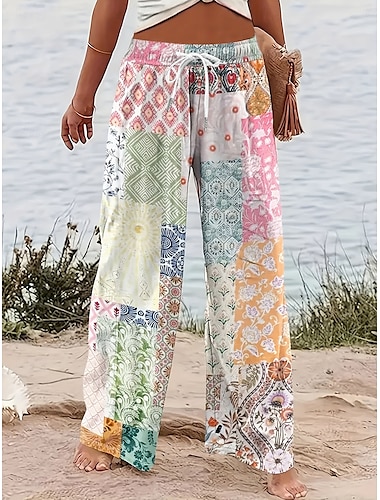 Dames Breed Been Chinese Wijde broek Vakantie Vintage Modieus Volledige lengte Hoge taille Grafisch Geometrisch Paisley Opdrukken Micro-elastisch Formeel Vakantie Straat Roze Blauw Paars Groen Zomer