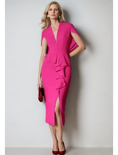  blau rosa säulenförmige Cocktailkleider elegantes Kleid formelle Hochzeit knöchellang Kurzarm V-Ausschnitt Stretch-Krepp mit Schlitztasche 2025