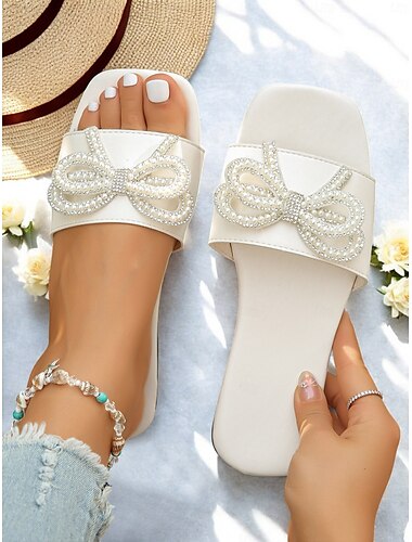  Sandales plates à nœud en perles pour femmes - élégantes pantoufles dorées pour une tenue décontractée, la plage et les rendez-vous quotidiens