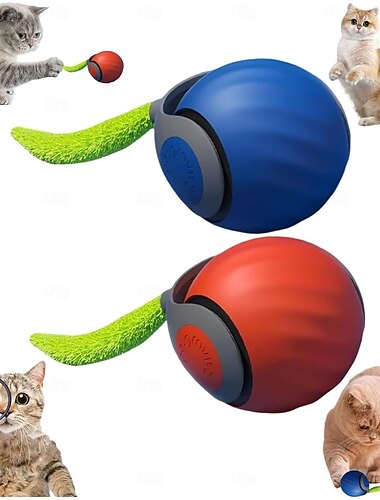  Pelota rodante eléctrica con cola para gatos, pelota interactiva inteligente para gatos, pelota con movimiento automático y cola, ajuste de dos velocidades, divertido juego interior para gatitos y