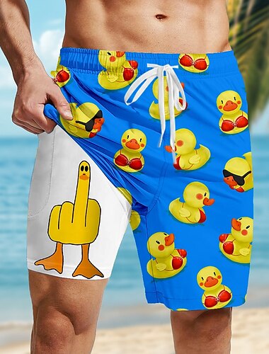  Herren Kleine gelbe Ente Lustig Gefütterte Shorts 2 in 1 Badeshorts Badeshorts Mittlere Taille Hawaiianisch Urlaub Strandbekleidung Seitentaschen Mit Kompressionsfutter Elastischer Kordelzug in der