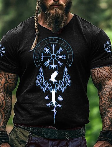  Herren Wikinger T Shirt Kurzarm T-Shirt 3D-Druck Rundhalsausschnitt Hemd Mode Ethnisch Straße Lässig Täglich Schwarz 1 Schwarz 3 Schwarz Sommer Frühling Ganzjahres Bekleidung S M L XL XXL XXXL