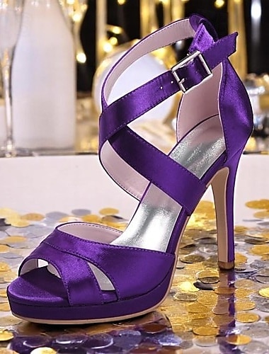  Escarpins à talons hauts en satin violet pour femmes – sandales de cocktail à plateforme avec fermeture à boucle pour soirées et mariages
