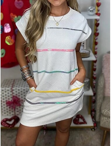  Damen Minikleid T-Shirt-Kleid Sommerkleid Lässig Täglich Normale Passform Gestreift Kurzarm Rundhalsausschnitt Schwarz Weiß Himmelblau Orange Sommer
