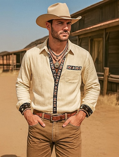  Per uomo Camicia Camicia Estiva Camicia da Spiaggia Camicia Western Camicie retrò Camicia vintage Tinta unica Vacanza Casuale Cachi Manica Lunga Tutte le stagioni Abbigliamento Patchwork