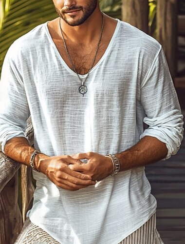 Hombre Camiseta superior Camiseta tipo lino Manga Larga Cuello Barco Verano Primavera Plano Moda Design Básico Suave Vacaciones Casual Casual Diario Blanco Camiseta superior para hombre