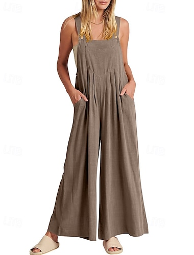  Mono de mujer con peto normal, estilo urbano, color liso, sin mangas, cuello en U, bolsillo, corte regular, para uso diario, en negro, amarillo y verde claro, para verano.