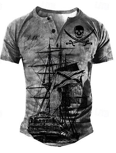  男性用 Tシャツ ヘンリーシャツ グラフィック スカル ヘンリー イエロー ブルー グリーン ダックグレー 3Dプリント Sailboat プラスサイズ アウトドア 日常 パッチワーク ボタンダウン 衣類 デザイナー スタイリッシュ ヴィンテージ ベーシック