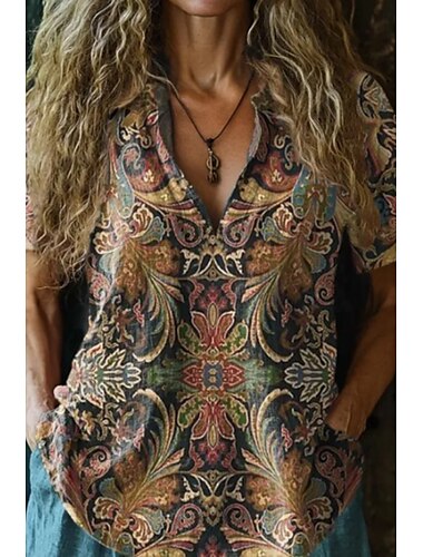  Dam Skjorta Linneskjorta i bomull Boho skjorta Blus Blommig Ledigt Boho Kortärmad Tröjkrage Vanliga toppar Dagligen Helgdag Utekväll Mönster Svart Kaki Sommar