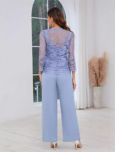  Hosenanzug Brautmutterkleid Hochzeitsgast Elegant Quadrathals Bodenlang Polyester Spitze Langarm mit Einfarbig 2025