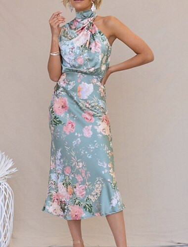  Per donna Abito Midi Vestito Casual Abito in Raso Abito Estivo Abito Boho Moda All'aperto Ferie Data Vestibilità regolare Floreale Senza Maniche All'americana Verde acqua Nero Bianco Blu Estate