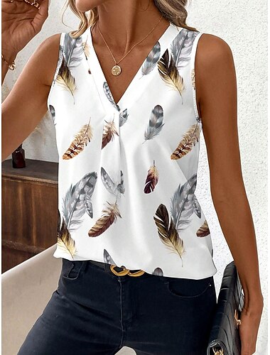  Mujer Camiseta sin mangas tipo camisola Graphic Pluma Elegante Bohemia Casual Sin Mangas Escote en Pico Tops regulares Diario Noche Ropa de vacaciones Estampado Blanco Verano Primavera