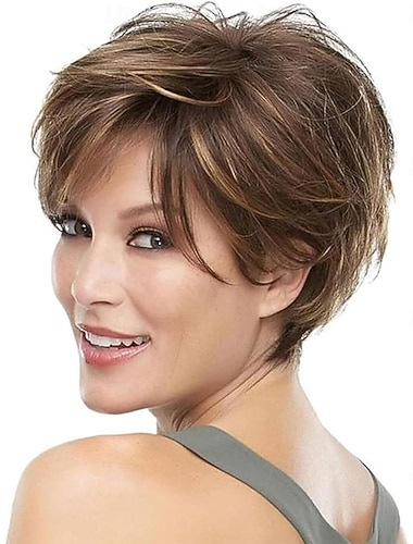  korthår parykker for kvinner brun pixie bob parykk pixie cut parykk for kvinner syntetisk hår parykker med pannelugg daglig eller cosplay