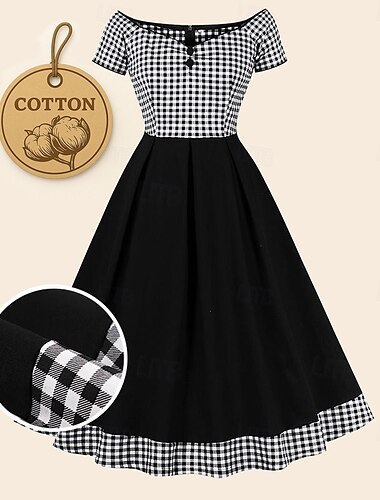  Retro / vintage 1950 Rochie de epoca Rochie de Cocktail Rochie leagăn Rochie Flare Carou cadrilat Umbrelă Pentru femei Mascaradă Petrecere / Seara Petrecerea Burlăcițelor Adulți Rochie Rochii de acasă
