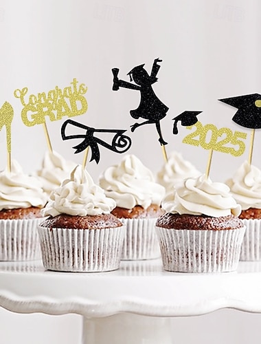  24 piezas de adornos para cupcakes de graduación de 2025, 48 piezas de palillos de comida/aperitivos para fiestas de graduación, decoraciones para mini pasteles, diploma 2025, juego de birretes de