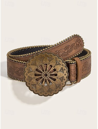  Dames boho bloemen gegraveerde brede leren riem - vintage westerse stijl met antieke gouden bloemengesp, verstelbare tailleband voor jurken, festivals en dagelijks gebruik