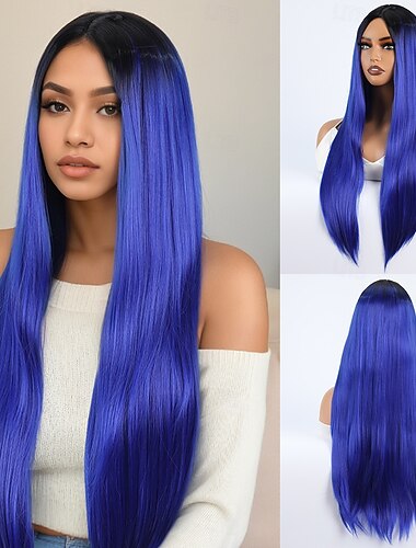  الاصطناعية الباروكات مستقيم كينكي طبيعي مستقيم الشعر المدرج فراق عميق مصنوع بالماكينة شعر مستعار 28 إنش A1 شعر مستعار صناعي نسائي كلاسيكي مريح شعر هايليت / يدوي بنفجسي