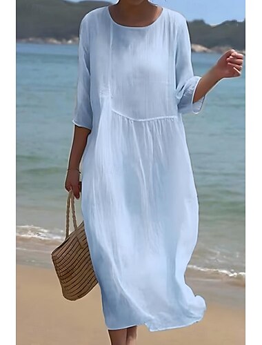  Mujer Vestido Midi Vestidos de lino y algodón Vestido informal Moda Básico Clásico Diario Playa Fin de semana Ajuste regular Plano Media Manga Cuello Barco Blanco Rosa Azul claro Verano