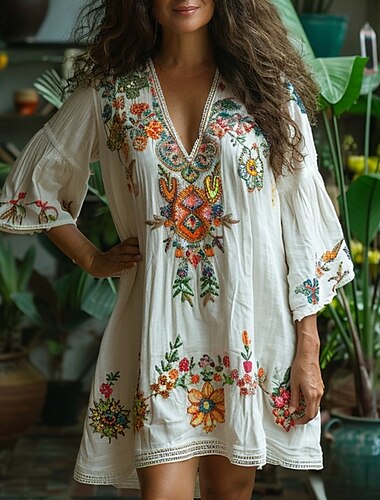  Dámské Mini šaty Květinové šaty Boho šaty Šaty s potiskem Westernové šaty Klasické Venkovní Dovolená Víkend Běžný Květiny 3/4 délka rukávu Do V Bílá Léto