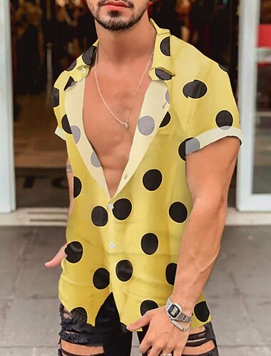  Voor heren Overhemd Zomer overhemd Normaal shirt Strand hemd Overhemd met knopen Zwart Wit Geel Korte mouw Stip Revers Vakantie Hawaii Kleding Polyester Modieus Casual Comfortabel