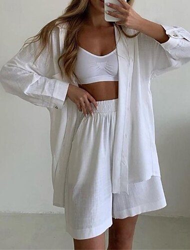  Women's Fashion Streetwear Cotton Linen Sets Two Piece Sets Shorts Sets Short Sleeve Shirt Collar Plain Daily Wear Date White Blue Orange Summer Regular Fit