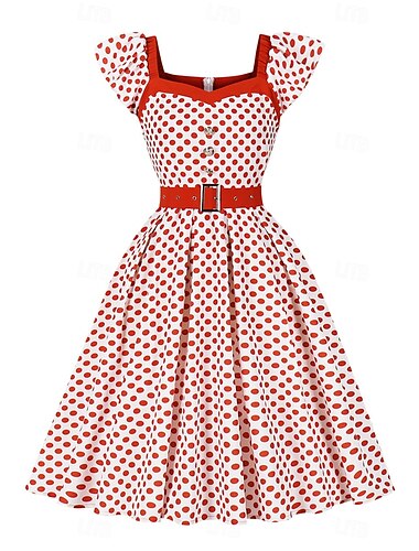  レトリ／ヴィンテージ 1950年代風 ロカビリー 正午 二次会ドレス / カクテルドレス フレアワンピース ベルト付き 波点 女性用 マスカレード バケーション 同窓会 パーティー 成人 ドレス 夏
