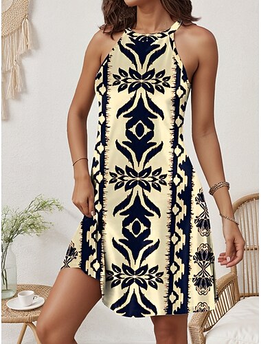  Dames Mini-jurk Zomerjurk Vakantie Casual Dagelijks Normale pasvorm Grafisch Geometrisch Mouwloos Halternek Blozend Roze blauw Beige Zomer