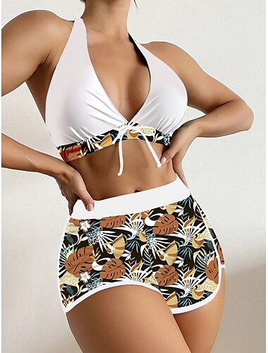  Womens Badeanzüge Bikini 2 Teile Shorts Badeanzug Rückenfrei Schlank Urlaub Strandmode Floral Halterhals Ärmellos Badeanzüge
