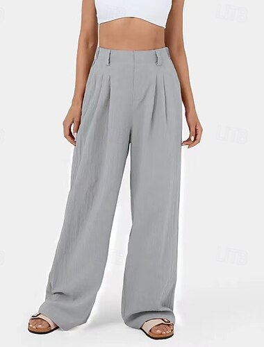  Mujer Pantalones de lino y algodón Pantalones palazzo Moda Ropa de calle Confort Longitud total Media cintura Plano Plisado Bolsillo Confortable Al Aire Libre Cómodo Calle Ropa Cotidiana Noche Morrón