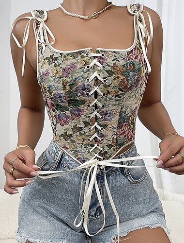  Retro / vintage Medeltida kostymer Renässans Korsett Väst Bustier Spetsknuten Blommig Jacquard Dam Keltiskt fantasi Halloween Karnival Fest Ledigt / vardag LARP Korsett