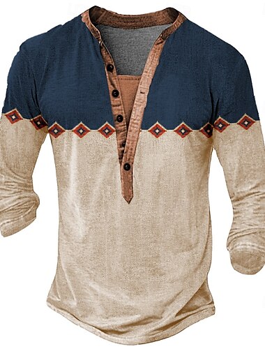  Homme Tribal T-shirt Chemise Henley manche longue Designer Rétro Vintage Occasionnel Rue Occasionnel Quotidien Été Printemps Automne Kaki Gris Claire Henley T-shirt Henley