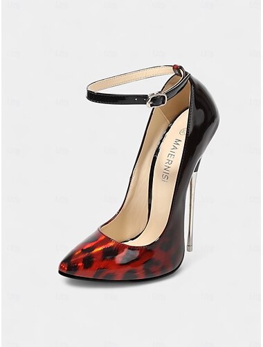  Escarpins à talons aiguilles rouges à imprimé léopard pour femmes – talons hauts pointus et vernis sexy avec bride à la cheville pour les soirées et les looks de vie nocturne