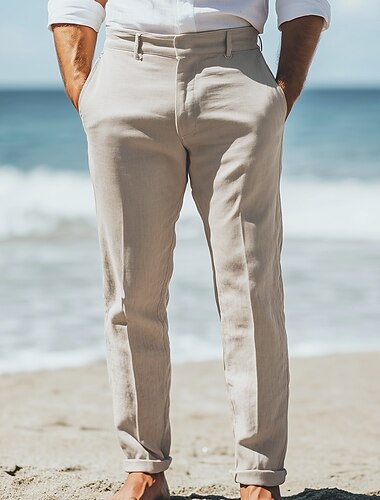  Herren Leinenhose Anzughose Sommerhose gerades Bein einfarbig atmungsaktiv lässig Alltag Urlaub Standard Passform Khaki Beige