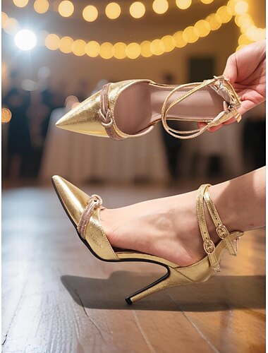  Damen-Stilettos mit spitzer Zehenpartie in Gold-Metallic – Ballschuhe mit Doppelriemen für Mädchenpartys und glamouröse Abende
