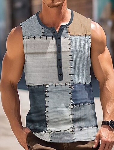  Homme Patchwork Vintage Débardeur Chemise Henley Sans manches ancien Mode Designer Extérieur Occasionnel Quotidien Été Printemps & Automne Gris Bleu Vert Kaki Henley T-shirt Henley